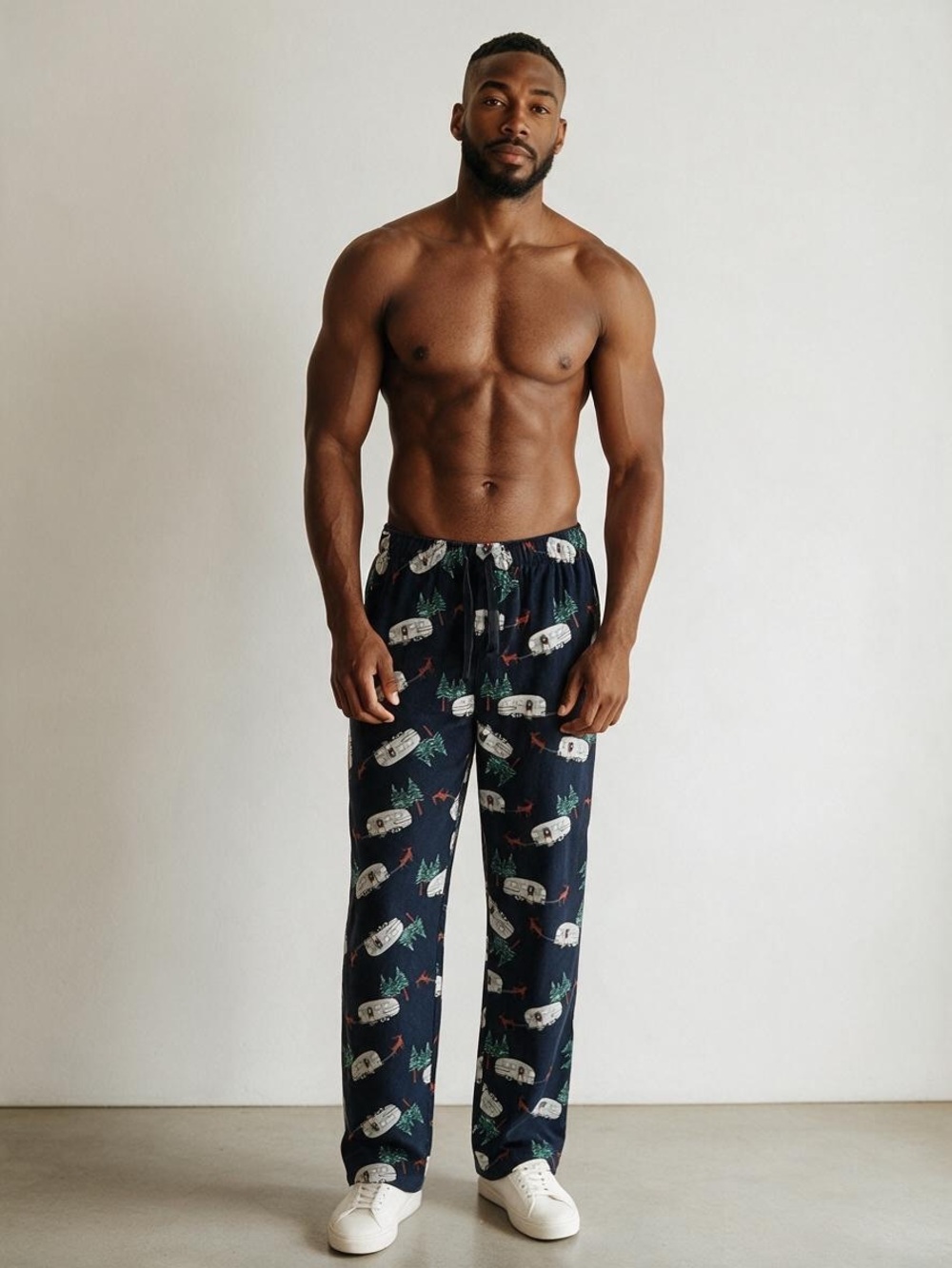 Men's Pajama Bottoms Navy Camper Christmas Print Super Soft Size Medium